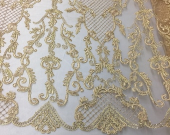 Gold Metallic Damask Design Embroidered on Mesh Lace Fabric, Floral Bridal Lace Wedding Dress by the Yard (Pick a Size)
