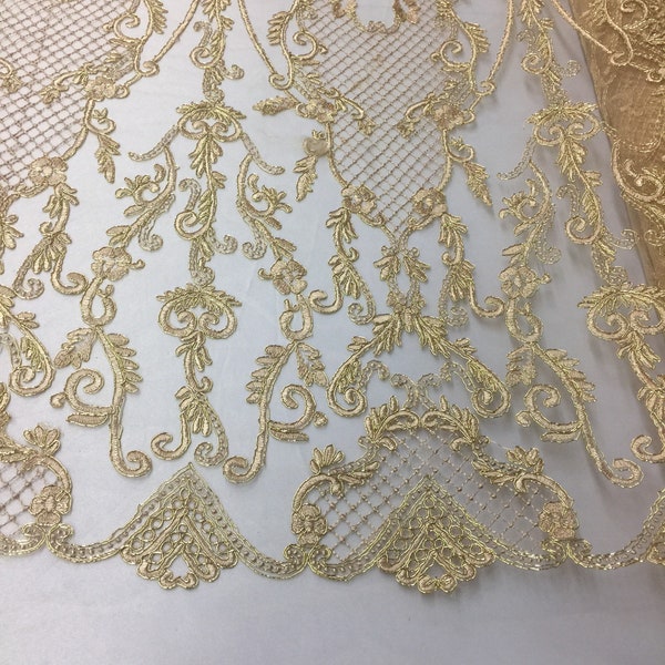 Gold Metallic Damask Design Embroidered on Mesh Lace Fabric, Floral Bridal Lace Wedding Dress by the Yard (Pick a Size)