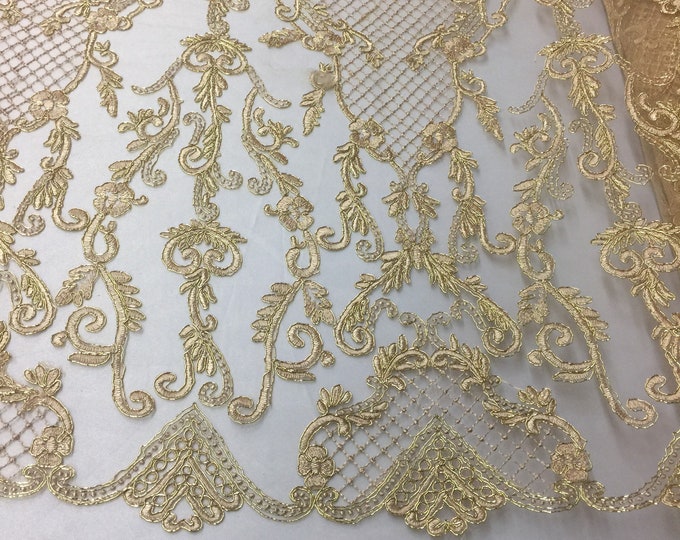 Gold Metallic Damask Design Embroidered on Mesh Lace Fabric, Floral Bridal Lace Wedding Dress by yard