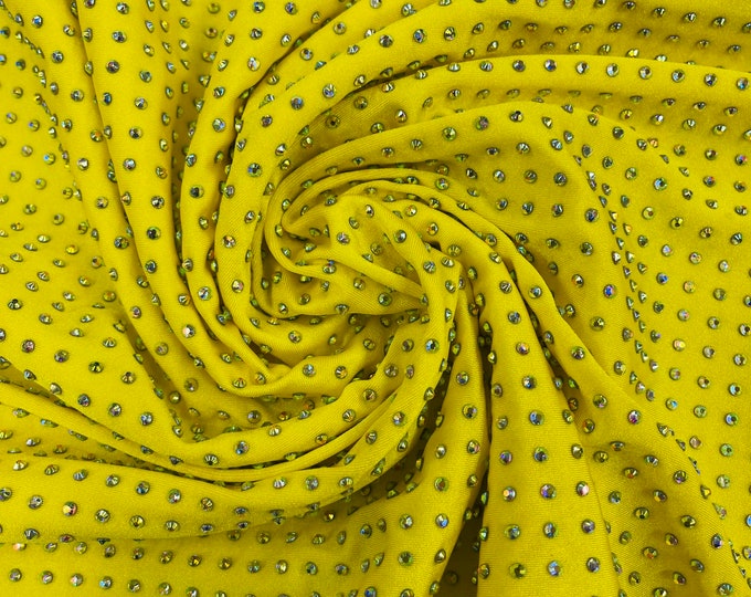 New Luxury AB Rhinestone on Yellow Spandex 4 Way stretch Fabric 60" Wide, Rhinestone Fabric-Prom-Drees sold by the yard ( Pick a Size )