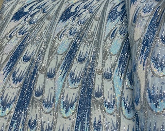 Blue Iridescent Sequins Fabric: 4-Way Stretch Spandex Mesh, Olivia Design