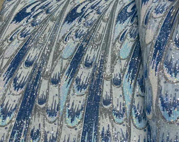 Multi Color Blue Iridescent Sequins - Olivia Design 4 Way Stretch Sequin Fabric on a Spandex Mesh-Prom-Gown By The Yard