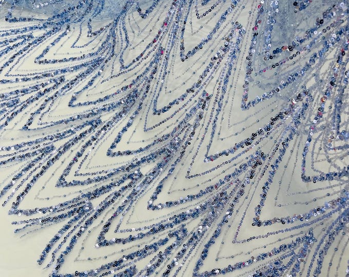 Blue Fashion Design Beads and Sequins, Luxury Beaded Fabric Embroidered on a Mesh Lace,Wedding,Bridal,Dress Sold By The Yard