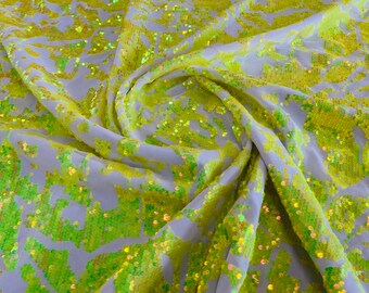 Neon Yellow Sequins Fabric: White Spandex Mesh, 4-Way Stretch - Sold By The Yard