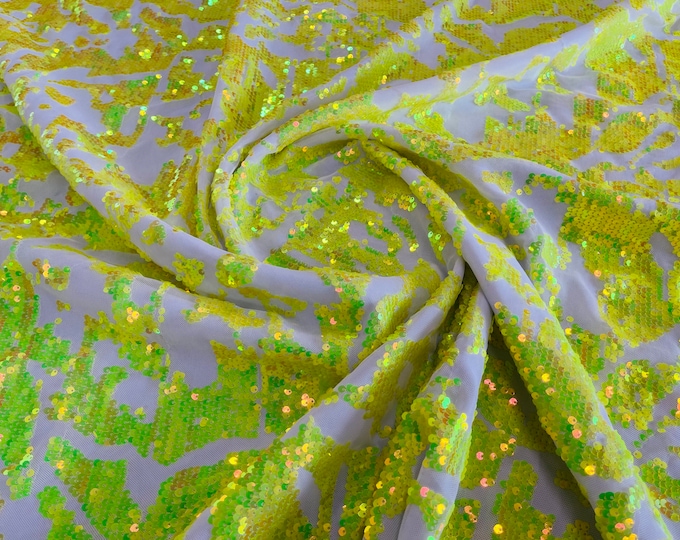 Neón Yellow Sequins Fabric - Sold By The Yard - on White Spandex Mesh - 4Way Stretch Sequin Fabric Tow Tone
