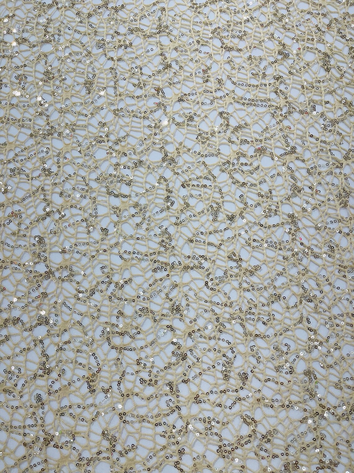 Beige Fish Net Fabric, Cast Net Design Champagne Sequins Embroidery on ...