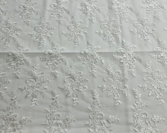 White Floral Lace Fabric - by the yard - Embroidery With Sequins on a Mesh Lace Fabric For Gown, Wedding-Bridal
