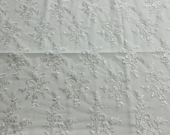 White Floral Lace Fabric - by the yard - Embroidery With Sequins on a Mesh Lace Fabric For Gown, Wedding-Bridal