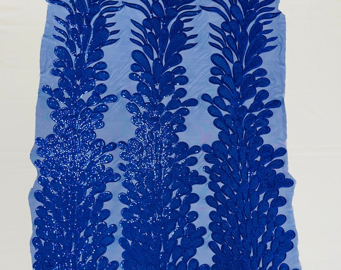 Royal Blue 4 Way Stretch Vegas Feathers Peacock Sequin Embroidery On a Mesh Lace Fabric Sequins Prom Dress Sold By 3 Panels