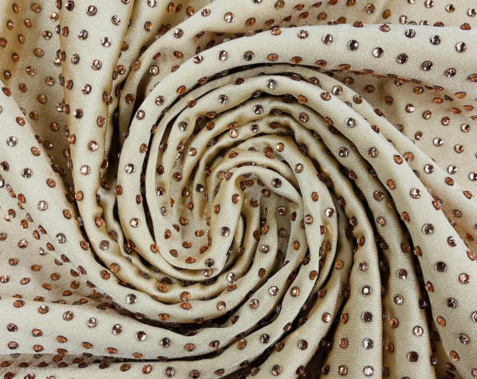 New Luxury Rhinestone on Champagne Spandex 4 Way stretch Fabric 60" Wide, Rhinestone Fabric-Prom-Drees sold by the yard ( Pick a Size )