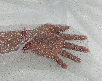 White Beaded Sequin Mesh Lace Fabric, Rain Design Embroidery By The Yard