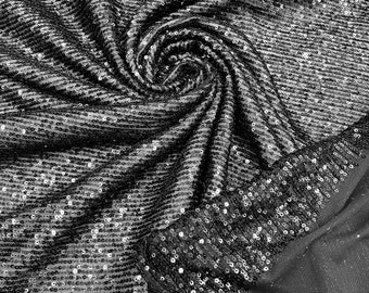 Black Mille Stripe Sequins Stretch Lace Fabric, Prom Gown, Wedding Couture, By The Yard