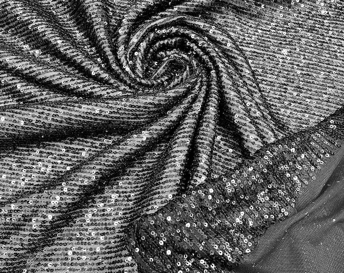 Black Mille Striped Stretch Sequins Lace Spandex Mesh-Prom-Gown By The Yard, Formal Wedding Couture Fabric Sequin Fabric
