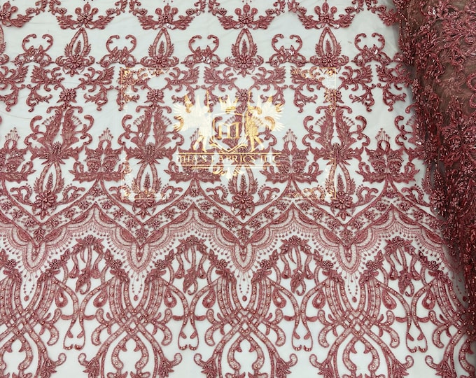 Dusty Rose Design Glam Damask Beaded Fabric, Embroidered Fashion Fabric with Beads Wedding Bridal Sold By Yard