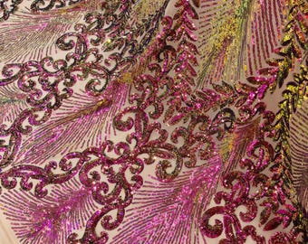 Purple Iridescent Sequin Fabric: Nude Power Mesh 4 Way Stretch, Damask Design - By The Yard