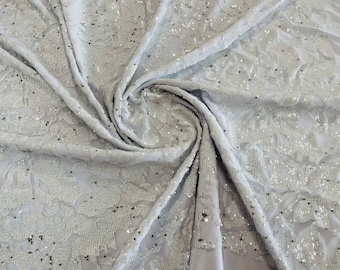 White/Silver Sequins Fabric: 4-Way Stretch Spandex Mesh, Sold By The Yard