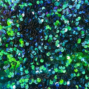 Iridescent Green Sequin Black Stretch Velvet Fabric: 5mm Shining Sequins