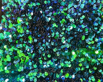 Iridescent Green Sequin Black Stretch Velvet Fabric: 5mm Shining Sequins