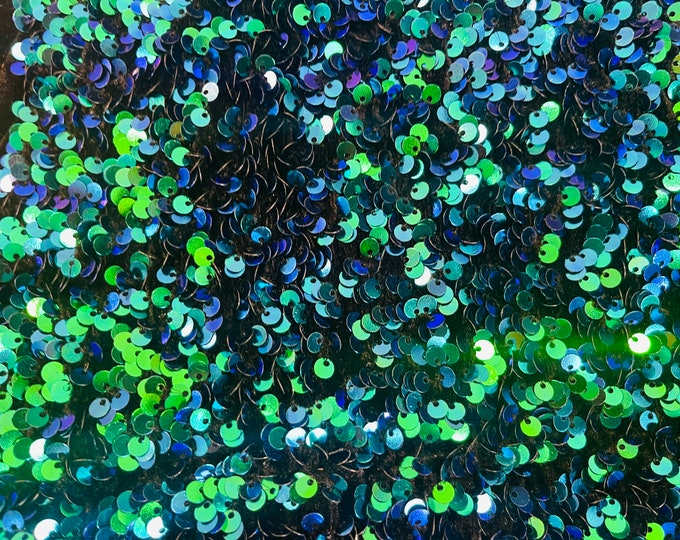 Iridescent Green Sequin on Black Stretch Velvet With Luxury Sequins all Over 5mm Shining Sequins 2-way Stretch 58/60” (Choose The Quantity)