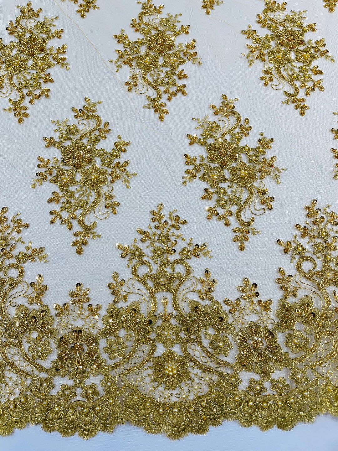 Isabela Desing Metallic Gold Embroidery Beaded Fabric With Sequin on a Mesh, Beaded Fabric