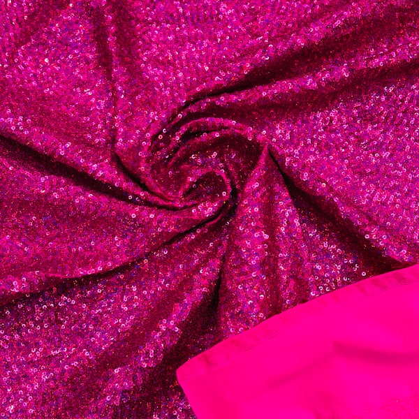 Fuchsia Holographic Mini Glitz Sequins by the yard on Spandex Fabric | 4 Way Stretch | Fuchsia Mini Glitz Sequin Fabric