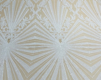 White Sequin, Nude Power Mesh Damask Geometric Design Embroidered With Sequins On 4 Way Stretch By The Yard
