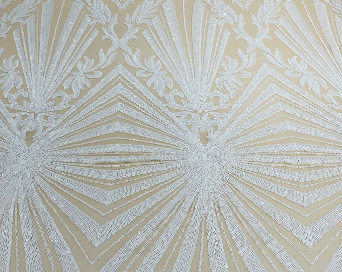 White Sequin, Nude Power Mesh Damask Geometric Design Embroidered With Sequins On 4 Way Stretch By The Yard