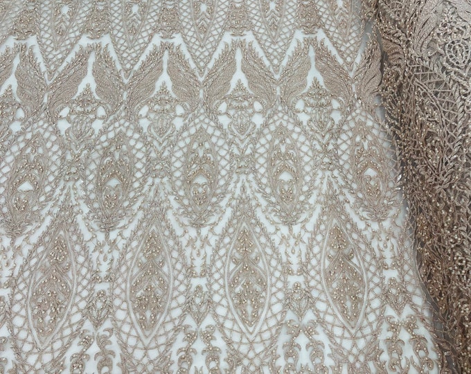 Blush Glam Damask Beaded Fabric, Embroidered Fashion Fabric with Beads Wedding Bridal Sold By Yard