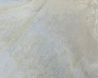 White Beaded Floral Lace Fabric, Embroidered Sequins, Bridal Wedding