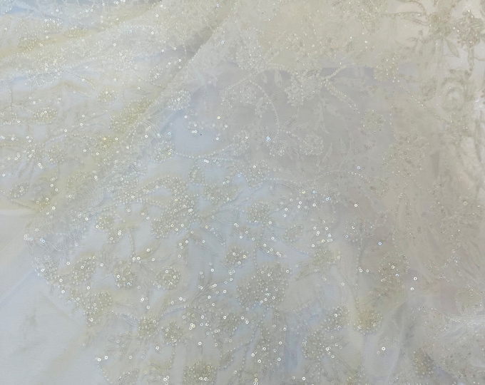 White Beaded Floral Fabric, Lace Beads Sequin Floral Fabric By The Yard - Embroidered Beaded Sequins On a Mesh Bridal Wedding