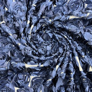 Navy 3D Rosette Fabric: Satin Floral Bouquet on Mesh, Wedding Decor by the yard