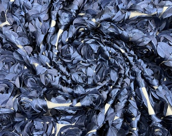 Navy 3D Rosette Fabric: Satin Floral Bouquet on Mesh, Wedding Decor by the yard