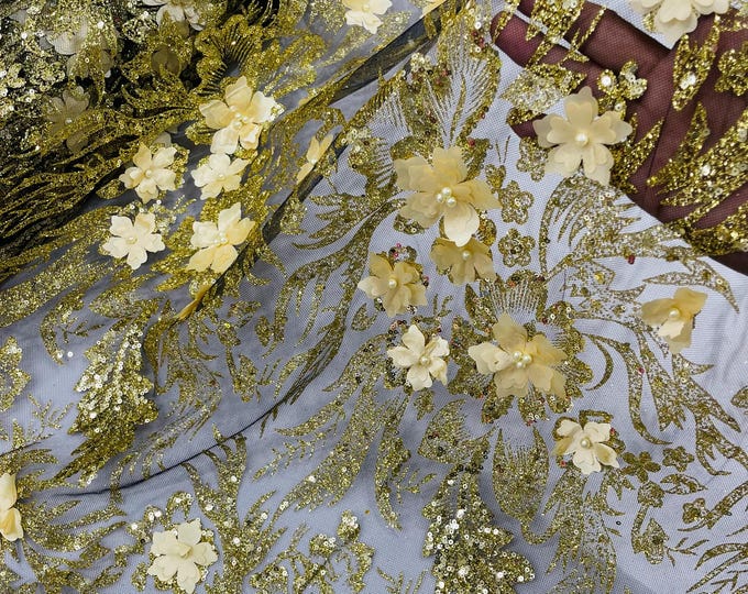 Gold Glitter Floral Mesh, Glitter 3D Flower Sequin Fabric, Wedding Dresses & Quinseñera