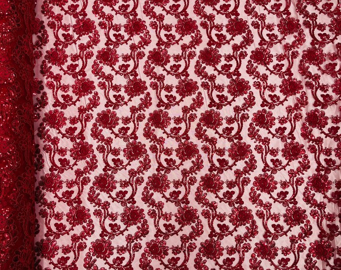 Burgundy Flowers With Sequins Corded Lace On Mesh Fabric By The Yard Used For -Dress-Bridal-Fashion