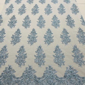 Baby Blue Floral Lace Fabric - by the yard - Embroidery With Sequins on a Mesh Lace Fabric For Wedding-Bridal
