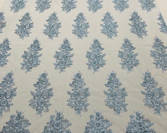 Baby Blue Floral Lace Fabric - by the yard - Embroidery With Sequins on a Mesh Lace Fabric For Wedding-Bridal