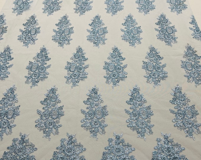 Baby Blue Floral Lace Fabric - by the yard - Embroidery With Sequins on a Mesh Lace Fabric For Wedding-Bridal