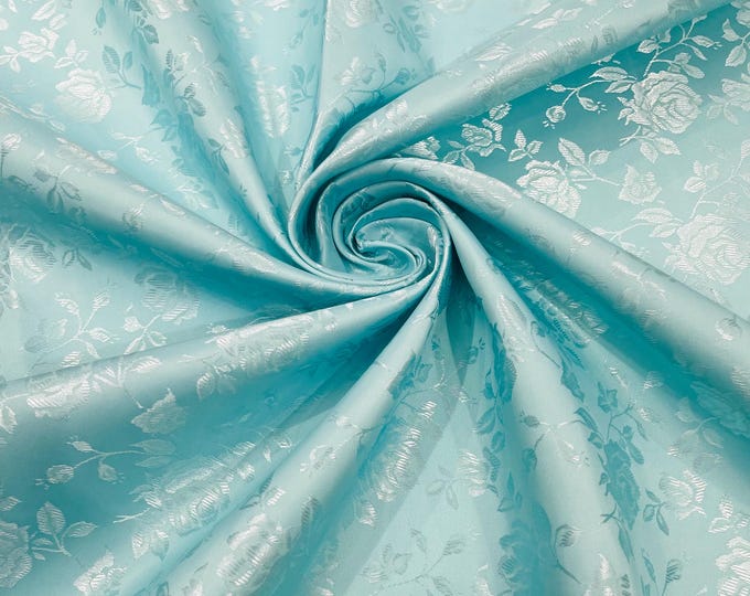 Aqua Floral Brocade Jacquard Satin Fabric: 58/60" Wide Polyester by the yard