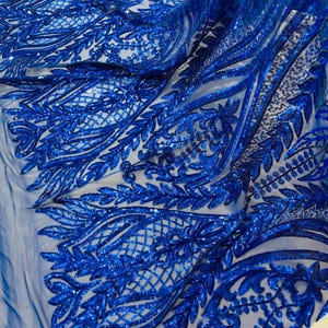 Royal Blue Sequin Fabric 4 Way Stretch Damask Design Sequins on Spandex Mesh Prom Gala Gown Fabric By The Yard