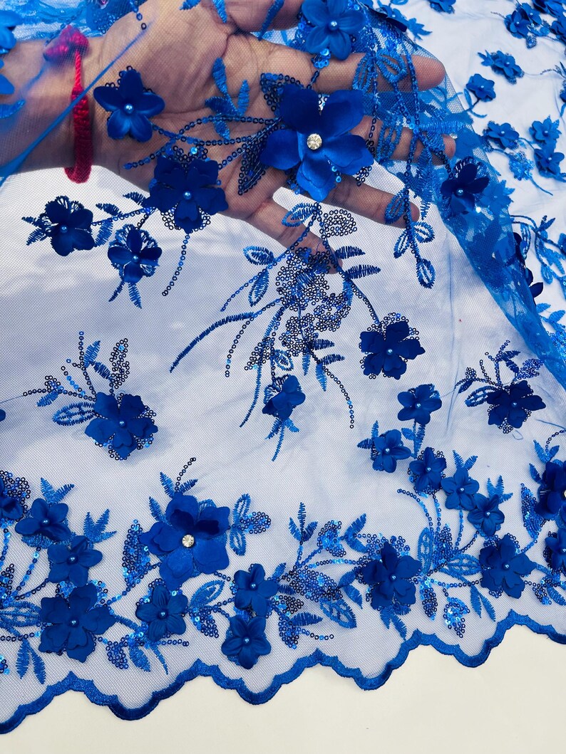 Royal Blue 3D Floral Lace Fabric Sequin: Embroidered With Pearls and ...