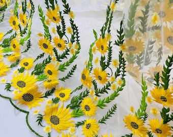 Yellow Sunflower 3D Floral Embroidery Lace Fabric: White Mesh Bridal Wedding Dress Lace