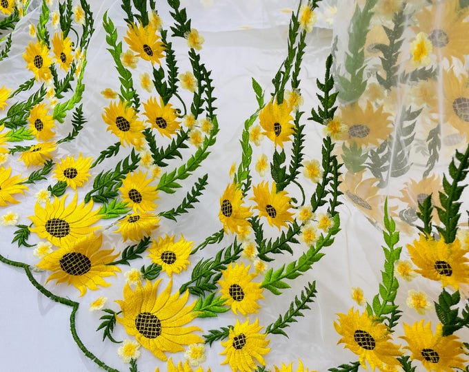 Yellow Sunflower 3D Floral Embroidery Lace Fabric: White Mesh Bridal Wedding Dress Lace