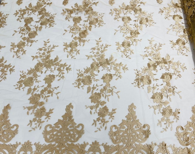 Champagne Bridal Lace - by the yard - Damask Design Embroidered on Mesh Lace Fabric, Floral Wedding Dress (Pick a Size)