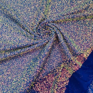 Mia Clear Iridescent Sequin Fabric on Royal Blue Power Mesh, 4 Way Stretch Sequins Fabric By The Yard (Choose The Size)