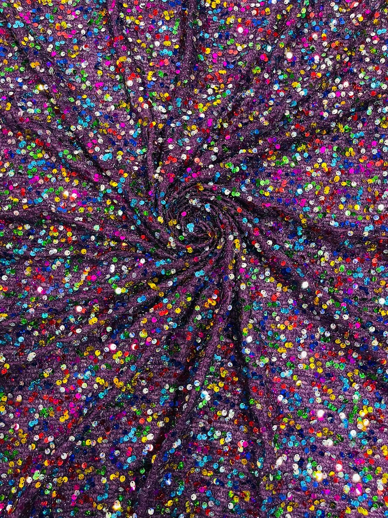 Sequins Color Multi Color Hologram Sequin Fabric on Purple Fabric: Confetti Sequins ...