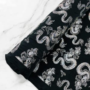 Black Silver Dragon Printed Spandex Fabric By The Yard | Dragon Design Nylon Spandex Fabric 4 Way Stretch 60”