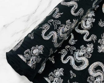 Black Dragon Print Spandex Fabric: Silver Foil, 4-Way Stretch (60" Wide)