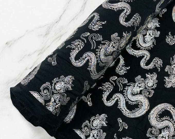 Black Silver Dragon Printed Spandex Fabric By The Yard | Dragon Design Nylon Spandex Fabric 4 Way Stretch 60”