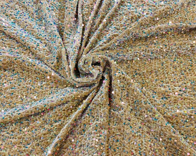 Clear Sequin on Light Olive Stretch Velvet With Partial Luxury Sequins  5mm Shining Sequins 2-way Stretch 58/60” (Choose The Quantity)