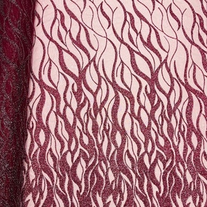 Burgundy Fire Flame Design Beaded Fabric | by the yard | Bridal Wedding beaded, Flame Pattern With Beads and Sequin, Appliqué lace Fabric